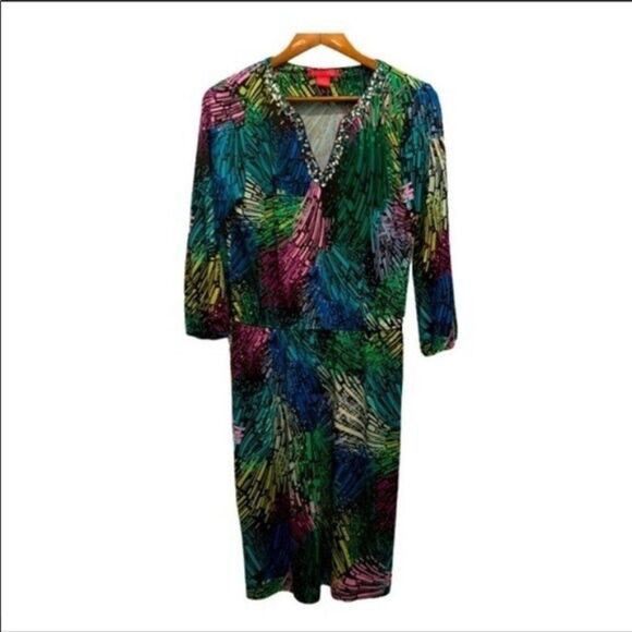 Sunny Leigh Multi Colored V-Neck Embellished Dress - Picture 1 of 11